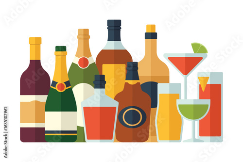 Assortment of alcoholic beverages and cocktails in bottles and glasses