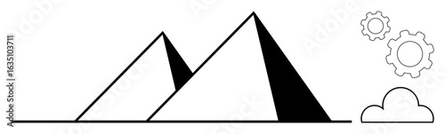 Two pyramids depicted in minimal design alongside a cloud and interconnected gear elements. Ideal for innovation, growth, progress, teamwork, collaboration, technology, creativity, and simple landing