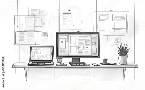 Website designer Creative planning application developer development draft sketch drawing template layout prototype framework wireframe design studio . User experience concept . High quality