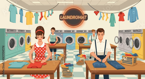 Retro Laundromat Scene with People Folding Clothes and Vintage Washing Machines
