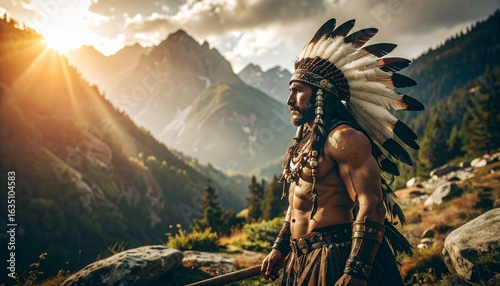 Epic Cinematic Portrait of a Muscular Native American Warrior in Traditional Regalia with Feathers and War Paint, Captured in Dramatic Lighting and Shadows Embodying Strength, Honor and Cultural brave