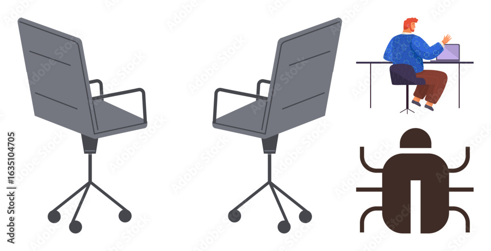 Fototapeta premium Two ergonomic office chairs next to a desk setup with a person using a laptop. Ideal for remote work, collaboration, office design, productivity, workplace setup, telecommuting, simple flat metaphor