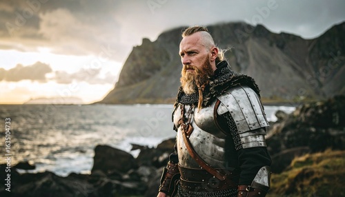 Epic Cinematic Portrait of a Muscular Viking Warrior in Dramatic Lighting, Showcasing Fierce Strength, Battle-Ready Stance, Rugged Armor, and Legendary Norse Spirit in a Powerful and Heroic Scene