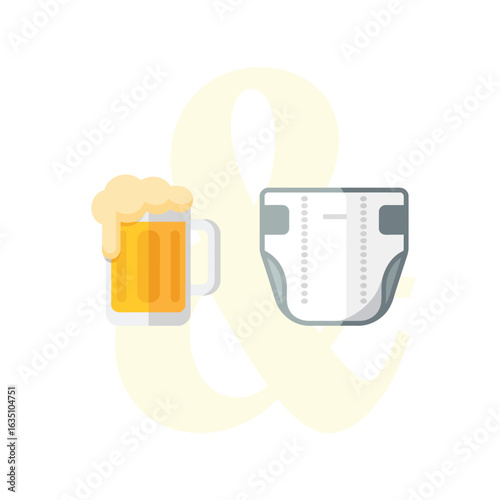 Beer mug and baby diaper side by side illustration