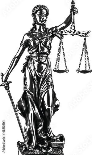 Blindfolded Lady Justice statue, symbol of law, fairness, legal balance, court equality, metallic sculpture, isolated white background, legal concept