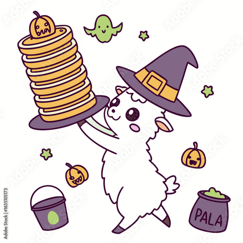 Spooky Fun colored Alpaca with a Curious touch, placed in a Halloween theme and styled with balancing a stack of pancakes