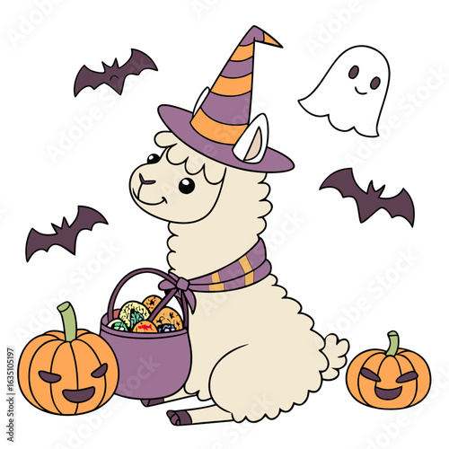Cute Relaxed Alpaca, accessorized with wearing a party hat, in a Halloween world – Spooky Fun palette vector