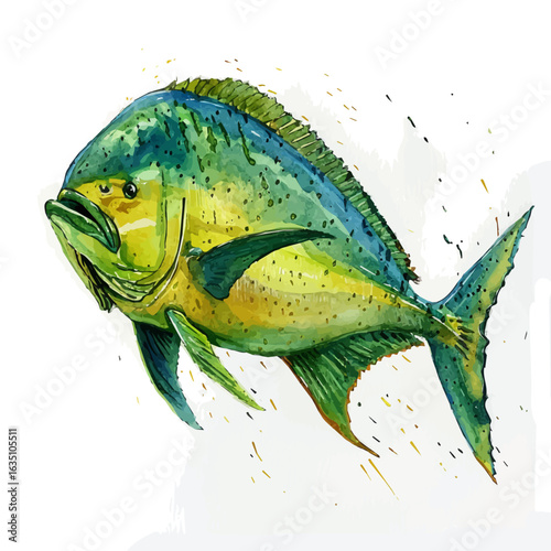 watercolor vector of Mahi-mahi, isolated on a white background.