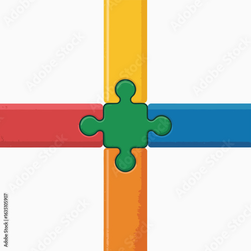 Green puzzle piece connects four colorful stripes forming a cross