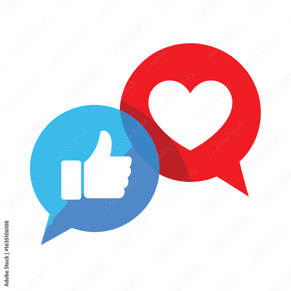Fototapeta premium Social media icons for likes and hearts in speech bubbles