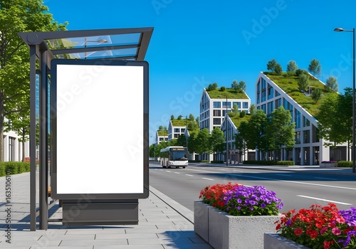 Blank White Billboard Mockup at Modern City Bus Stop on Sunny Day