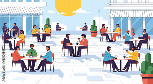 Stylized illustration of people enjoying coffee at outdoor cafe tables