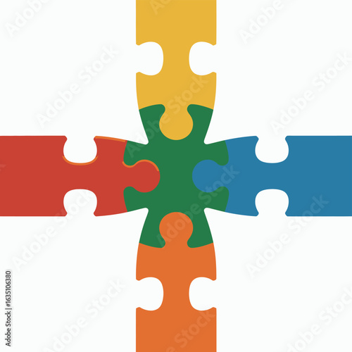 Colorful puzzle pieces forming a cross shape on a white background