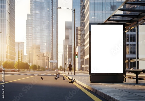 Blank Billboard Mockup at Bus Stop in Modern City at Sunrise