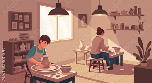 Two Artisans Crafting Pottery in a Well-Lit, Cozy Workshop Setting.