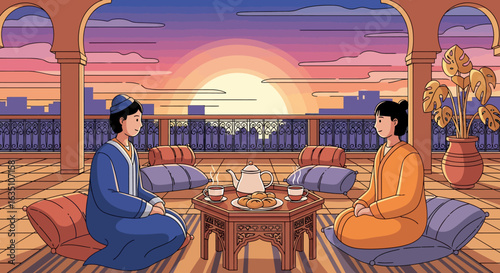 Two people enjoying tea and pastries on a Moroccan rooftop terrace at sunset