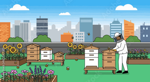 Urban beekeeping scene with sunflowers, colorful flowers, beehives, and a beekeeper