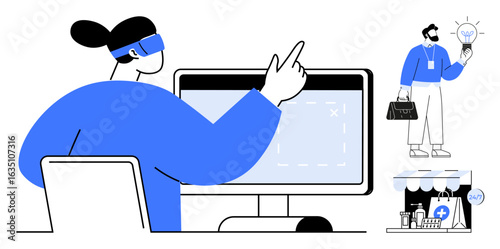 Person in VR headset interacting with desktop screen, entrepreneur with idea, online pharmacy storefront. Ideal for technology, remote work, innovation, healthcare, business planning, education
