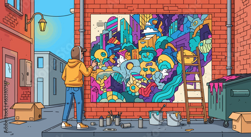 Urban Street Artist Creating Vibrant Graffiti Mural