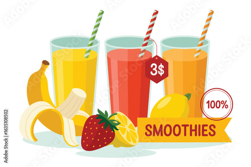 Three colorful fruit smoothies with fresh ingredients and straws