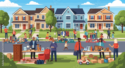 Vibrant Neighborhood Garage Sale with Families and Community