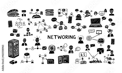 Comprehensive collection of hand-drawn black and white icons illustrating various networking, communication, social media, and technology concepts.