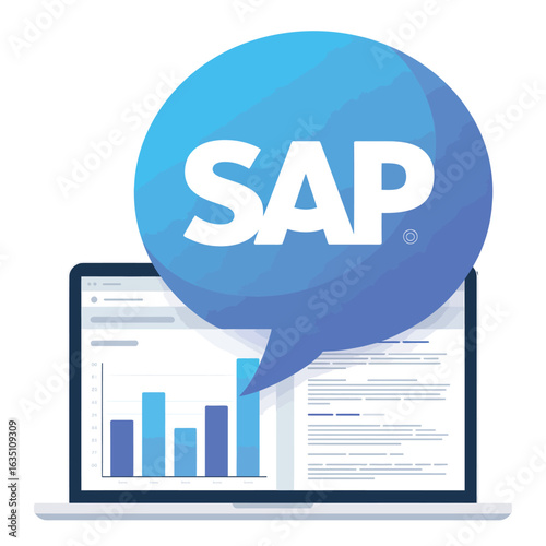 Sap business software on laptop with analytics chart and speech bubble