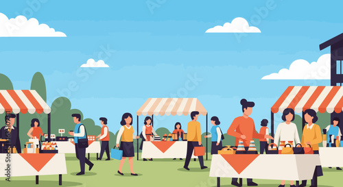 Vibrant outdoor market scene with diverse people browsing stalls under striped awnings