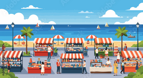 Vibrant Seaside Artisan Market with Colorful Pottery and Happy Shoppers