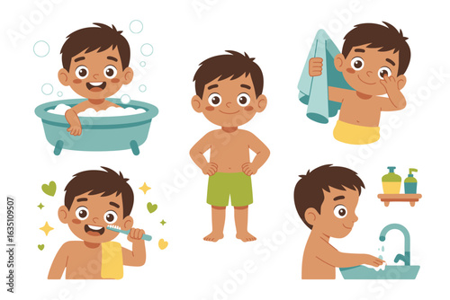 Boy s daily hygiene routine with bathing and brushing teeth