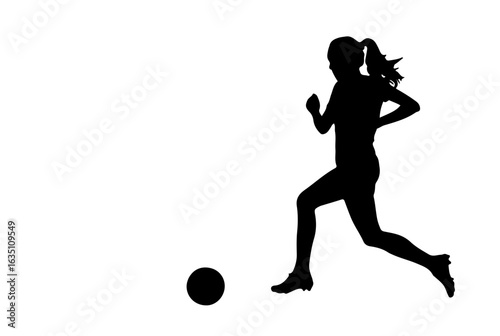 Silhueta de uma jogadora de futebol correndo e chutando a bola.