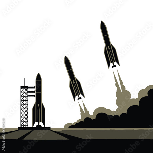 Rockets launching from a launchpad with smoke and flames