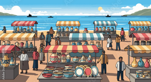 Vibrant seaside market scene with pottery stalls under striped awnings and browsing customers.