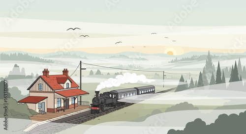 Vintage Steam Train Arriving at a Picturesque Countryside Train Station.