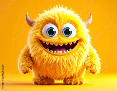 Fluffy yellow monster smiles broadly