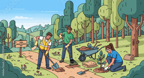 Volunteers Working Together on Trail Maintenance Day in Forest Setting