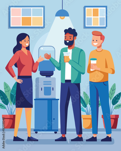 Coworkers Standing by Water Cooler in Casual Talk