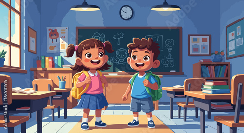 Children Smiling in Classroom with Backpacks for Educational Blogs, Classroom Websites, School Resources, Parenting Articles, and Social Media Content  