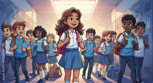Confident Girl Surrounded by Schoolmates in Bright Hallway for Education Blogs, School Spirit Websites, Childhood Development Articles, and Social Media Content  
