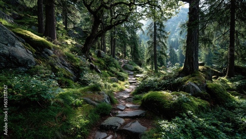 Sun-dappled mountain path through mossy forest