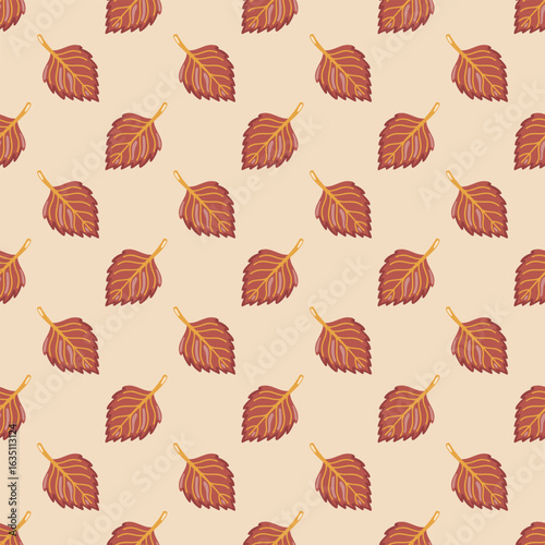 Seamless fall pattern with cartoon burgundy autumn leaves on beige background. Vector foliage background.