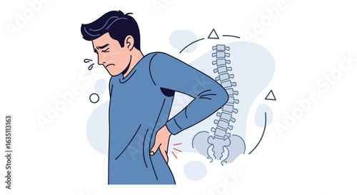 Illustration of a young man experiencing lower back pain, with a highlighted spine anatomy graphic, suggesting discomfort and the need for treatment or relief.