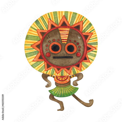 Fotografía Dancing African aborigine with long legs in a round colorful mask