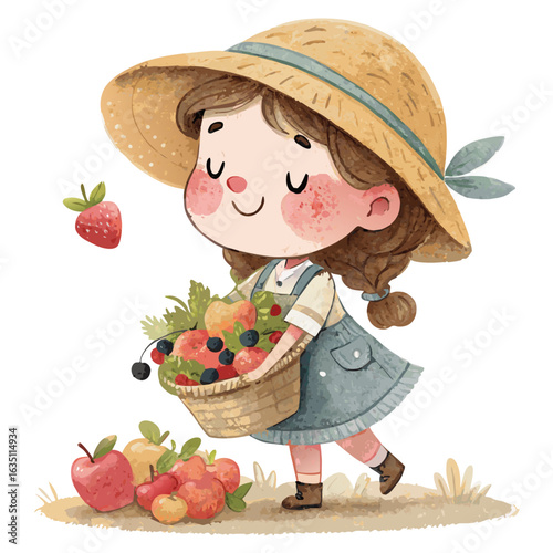 Cute Cartoon Female Farmer Kid with Fruit Basket Illustration – Watercolor Style Vector Art

