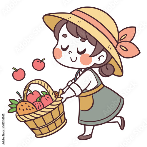 Cute Cartoon Female Farmer Kid with Fruit Basket – Watercolor Style Illustration

