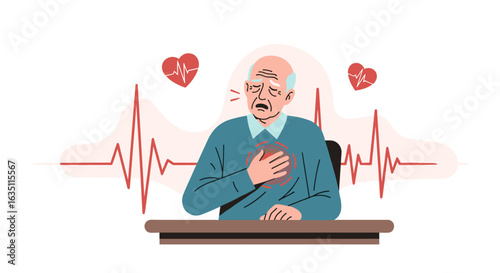 An elderly man experiencing chest pain, possibly a heart attack, depicted in a medical illustration with heart rate lines and heart symbols, symbolizing healthcare.