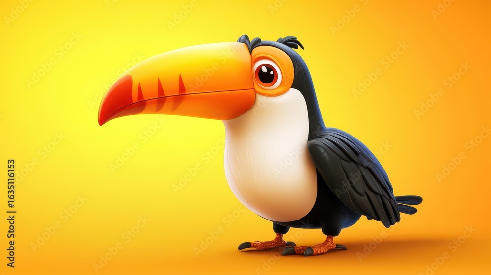 Naklejka premium A colorful toucan bursts with energy, serving as a joyful mascot in a lively cartoon world filled with fun details.