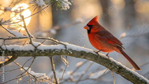 A vibrant male northern cardinal perched gracefully on a snow-dusted tree branch at golden hour, its brilliant crimson feathers glowing against a soft winter backdrop