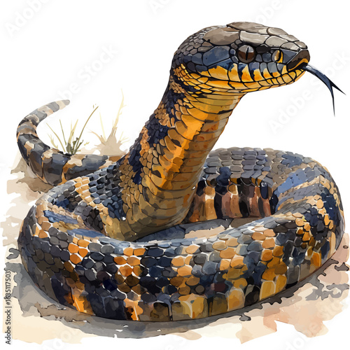 King Cobra, watercolor vector, isolated on a white background.
