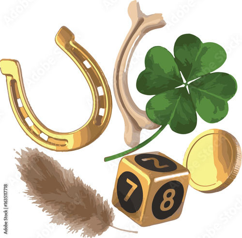 Golden horseshoe, feather, dice, coin, bone and green clover luck lucky